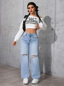 SHEIN PETITE Vaqueros rectos casuales desgastados - Negro - Ver 6