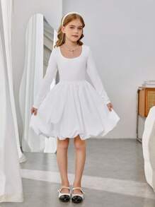 SHEIN Tween Girls Fashionable Solid White Color Ballet Style Round Neck Long Sleeve Mini Puffy Dress, Suitable For Christmas Party, School Event, Fall Winter Dress - White - View 11
