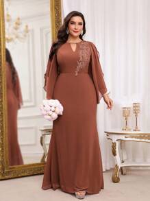 SHEIN Belle Váy vải voan màu nâu gỉ thanh lịch cỡ lớn cho nữ, cổ tròn, cổ chữ V khoét sâu, trang trí ngực thêu, tay dài xếp nếp bất đối xứng, tay áo xẻ tà, viền đuôi cá mini, phù hợp với váy phù dâu trang trọng - Rỉ Nâu - Xem 6