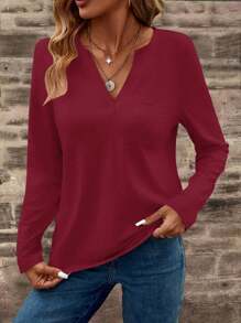 EMERY ROSE 女士纯色V领长袖休闲T恤，秋季新年衣服 - 紅色 - 查看 6