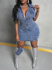 SHEIN VCAY Plus Size Denim Dress Sexy Bodycon Stretch Short Sleeve Mini Blue Dress Fall Women Dresses Thanksgiving Denim Dress