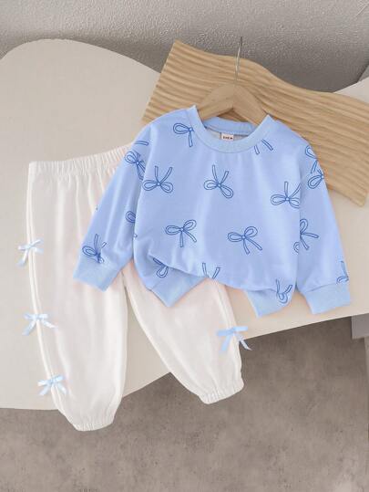 SHEIN Playful Pals Baby Girls Pink Butterfly Print Hoodie Sweatshirt And White Sweatpants Set, Autumn