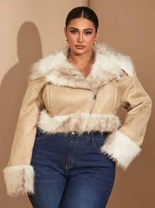 SHEIN BAE Cappotto oversize da donna in pelliccia sintetica, giacca in pelliccia morbida e soffice, con motivo sfumato astratto, giacca corta con colletto e orlo in pelliccia, cappotto invernale in montone - Albicocca - Visualizzare 3