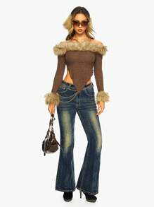 ROMWE J-Fashion Quần Jeans Nữ In Hình Trái Tim Pha Lê Cạp Thấp Phong Cách Harajuku Y2K Màu Tương Phản - Màu xanh lam - Xem 3