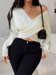 Chiquease Sweter oversize z wiązaniem z przodu, swobodny, dzianinowy, jesień/zima - Biały - Zobacz 5