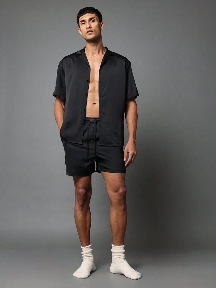 Silk Feel Button Down Shirt With Matching Shorts Set