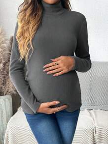 SHEIN Stand Collar Long Sleeve Maternity Tight Fit T-Shirt, Includes Built-In Breast Pad, Autumn - Dark Grey - View 3