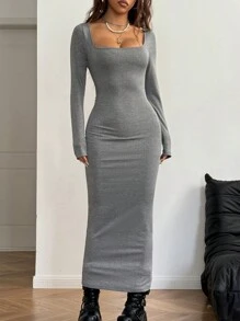 SHEIN EZwear Women's Spring/Summer Basic Knit Grey Fitted Square Neck Long Sleeve Dress - Grey - View 4