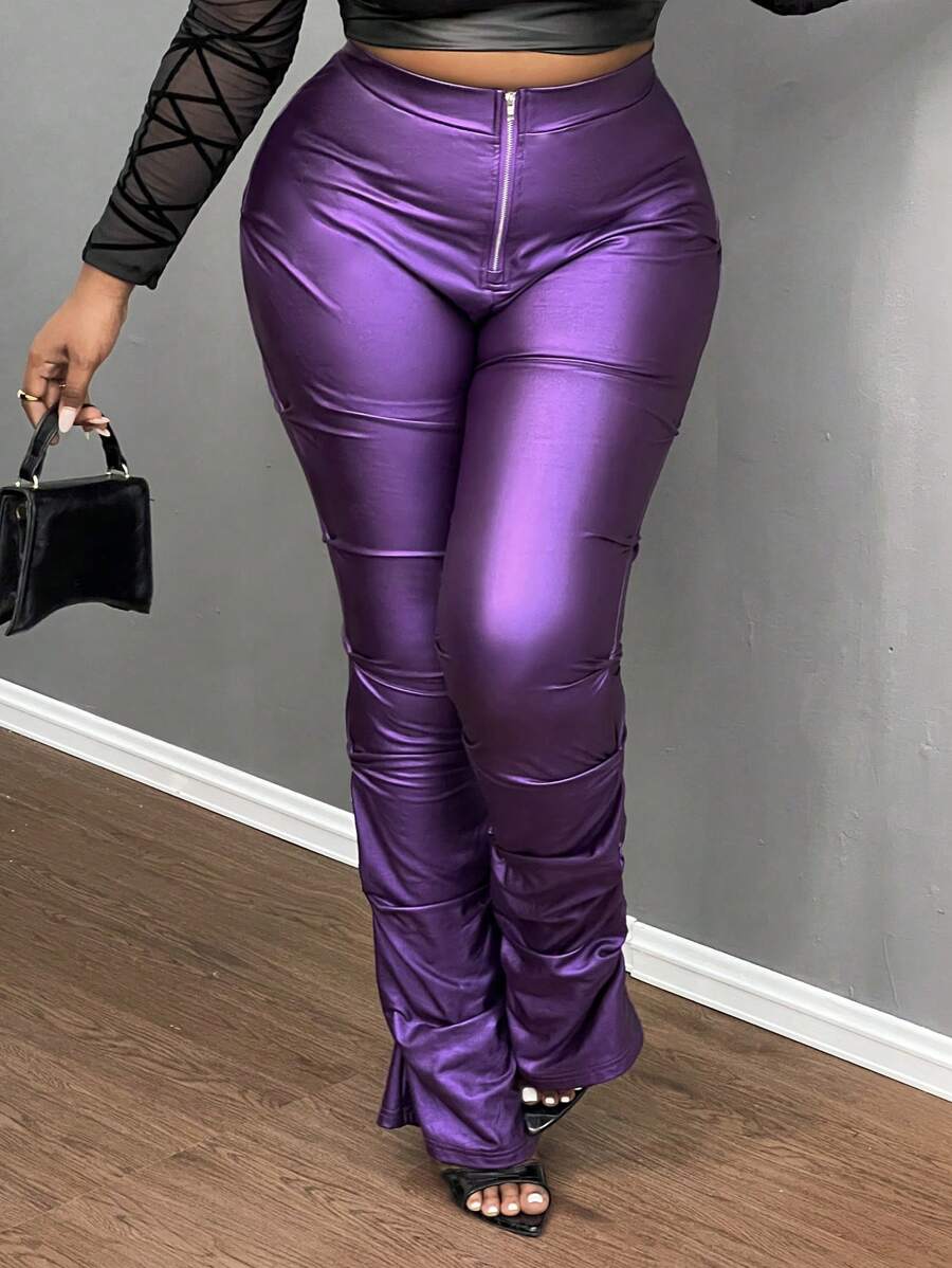 Slaydiva Quần dài thường ngày thanh lịch, co giãn, màu đen, khóa kéo phía trước cỡ lớn cho mùa thu đông - Màu tím - Xem 1