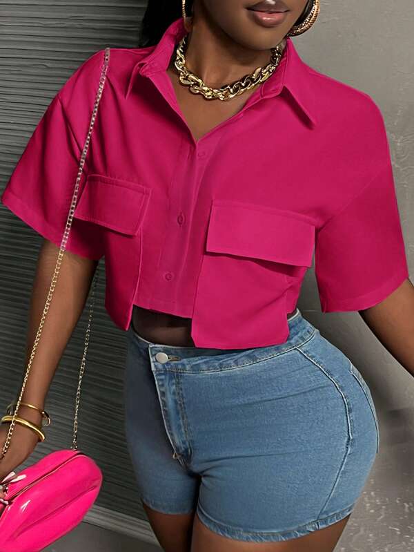 Slaydiva Casual Street Style White Polo Collar Pocket Cropped Shirt Short Sleeve For Women,Short Sleeve Tops