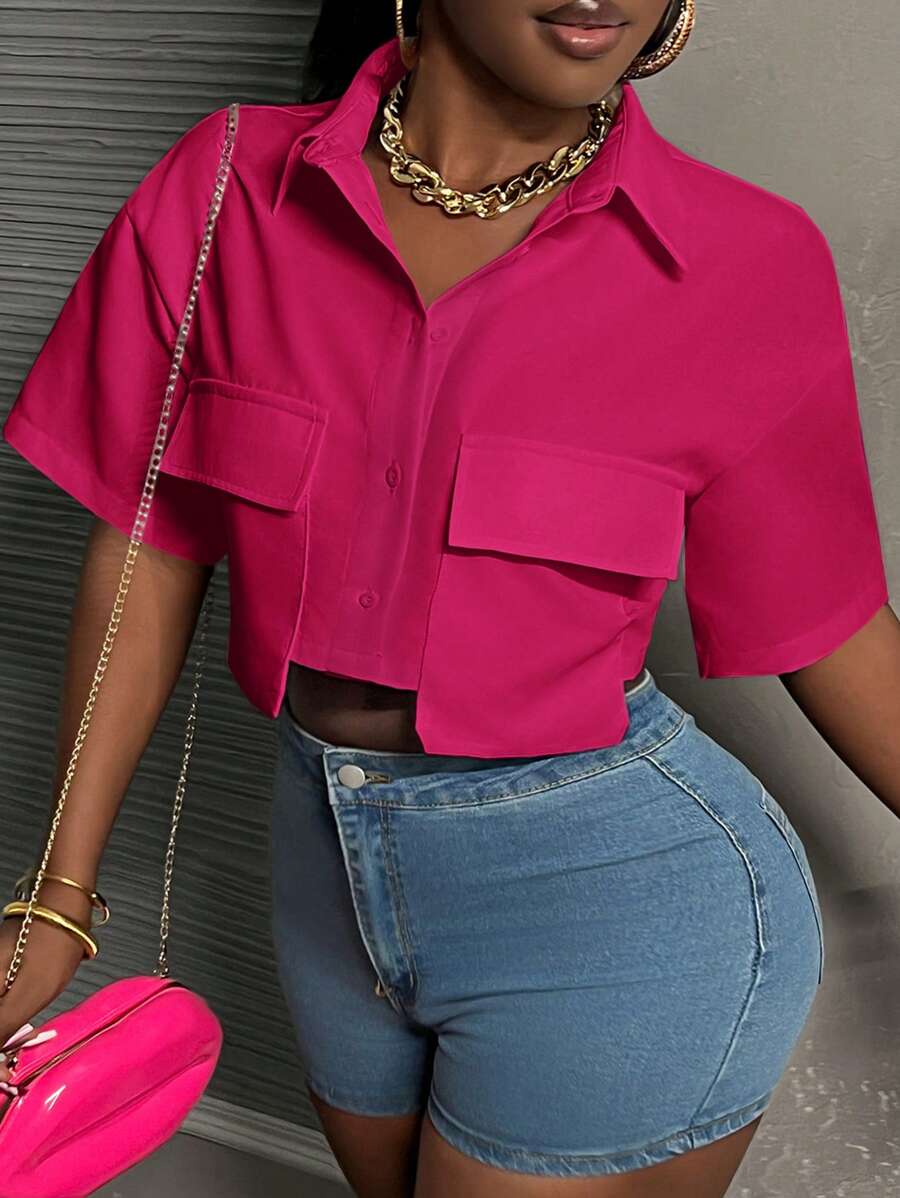 Slaydiva Áo sơ mi nữ tay ngắn cổ polo màu trắng, kiểu dáng thường ngày, có túi, dành cho nữ. - Màu đỏ tím - Xem 1