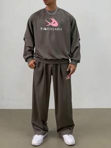 DAZY 2pcs Men Letter Print Round Neck Raglan Sleeve T-Shirt And Pants Set, Autumn - Grey - View 5