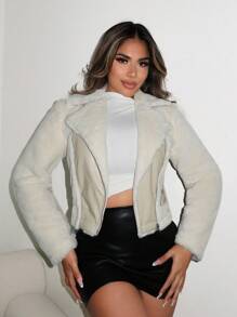 Zolique 女士皮革与毛皮拼接立领长袖夹克 - 杏色 - 查看 5