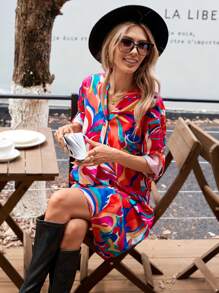 SHEIN LUNE 女士前扣中长袖全印花简约短款休闲连衣裙 - 彩色 - 查看 4