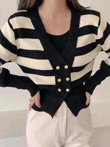 DAZY Cárdigan de mujer elegante con contraste de color, parches y rayas, dobladillo doble, ropa de otoño