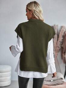 EMERY ROSE Women Casual Solid Color Side Slit Vest Sweater, Autumn - Army Green - View 2