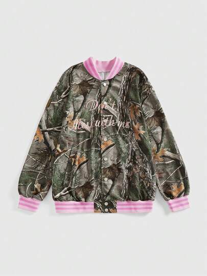 Grunge Punk Chaqueta suelta con bolsillo, estampado de bloques de color y bordado de letras de estilo versátil y casual Y2K con rama de árbol desteñida para mujer