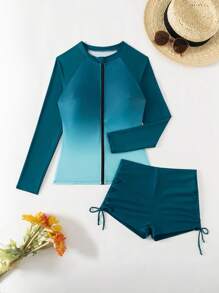 Swim SPRTY Women Positioning Print Zipper Decor Long Sleeve Top And Shorts Swimwear Set Summer
