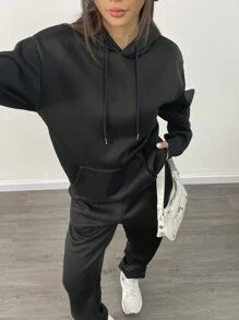 INAWLY 2 件女式休闲纯色落肩宽松袋口袋抽绳连帽衫和慢跑运动裤套装，春秋季 - 黑色 - 查看 3