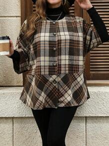 Calvaya Plus Size Ronde Hals Geruite Patchwork Casual Jas
