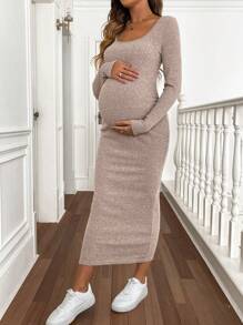 SHEIN Pregnant Women Casual Solid Color Ribbed Round Neck Bodycon Long Sleeve Dress, Spring And Autumn, For Maternity - Baby Pink - View 3