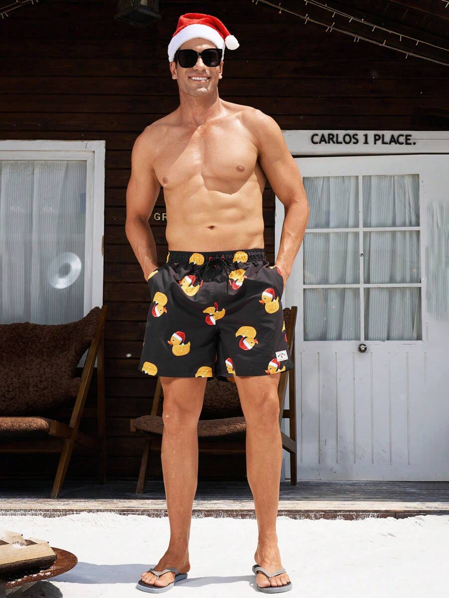 Surfspeed Quần short đi biển thường ngày có dây rút chủ đề Giáng sinh dành cho nam - màu đen - Xem 1