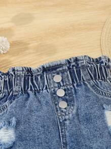 SHEIN Vintaside Kids 女童休闲舒适街头风格破洞碎花腰牛仔裤 - 中等水洗藍 - 查看 5