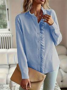 Plus Size Women Casual Long Sleeve Button Up Top With Ruffle Collar Shirt - Blue - View 4
