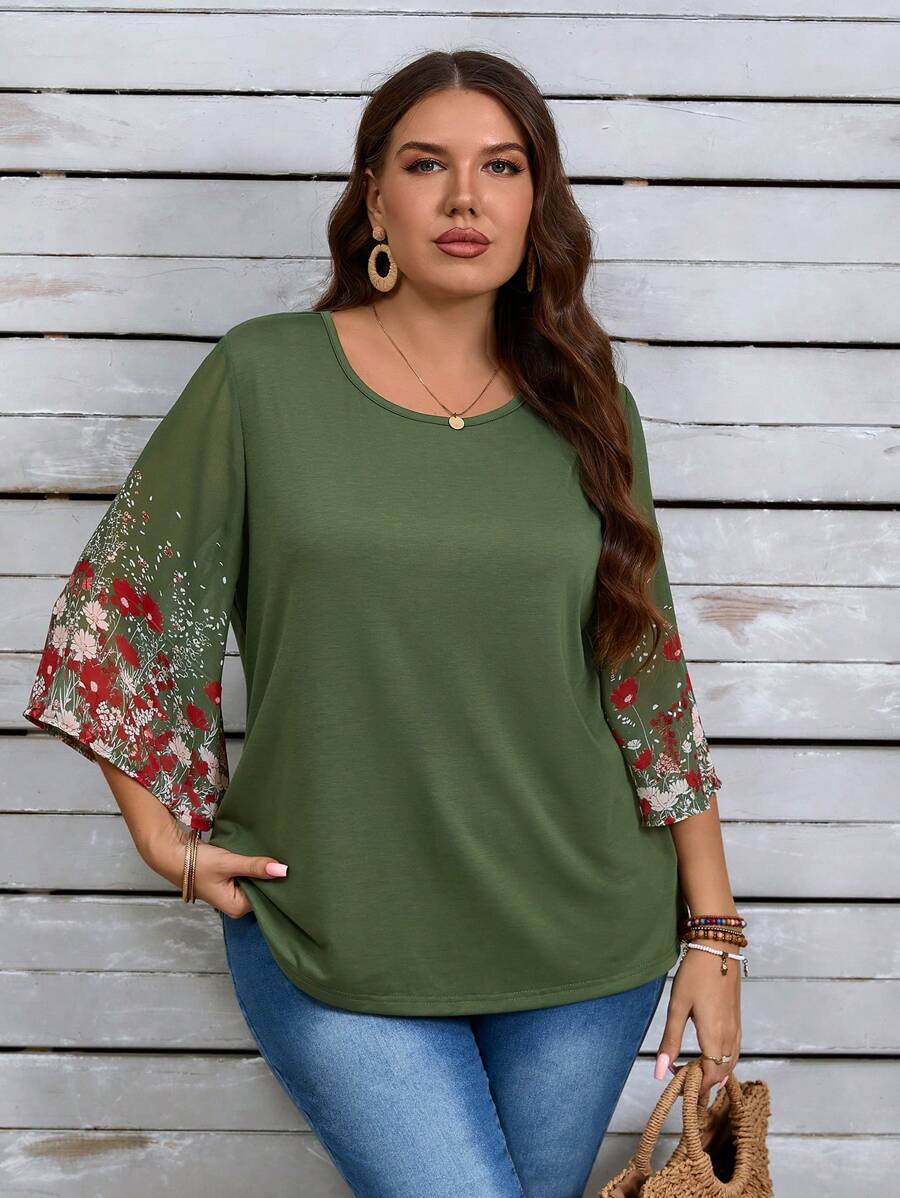 EMERY ROSE Damen Große Größen Bluse mit Blume Muster und 3/4 Ärmeln, lässig und locker für den Herbst
