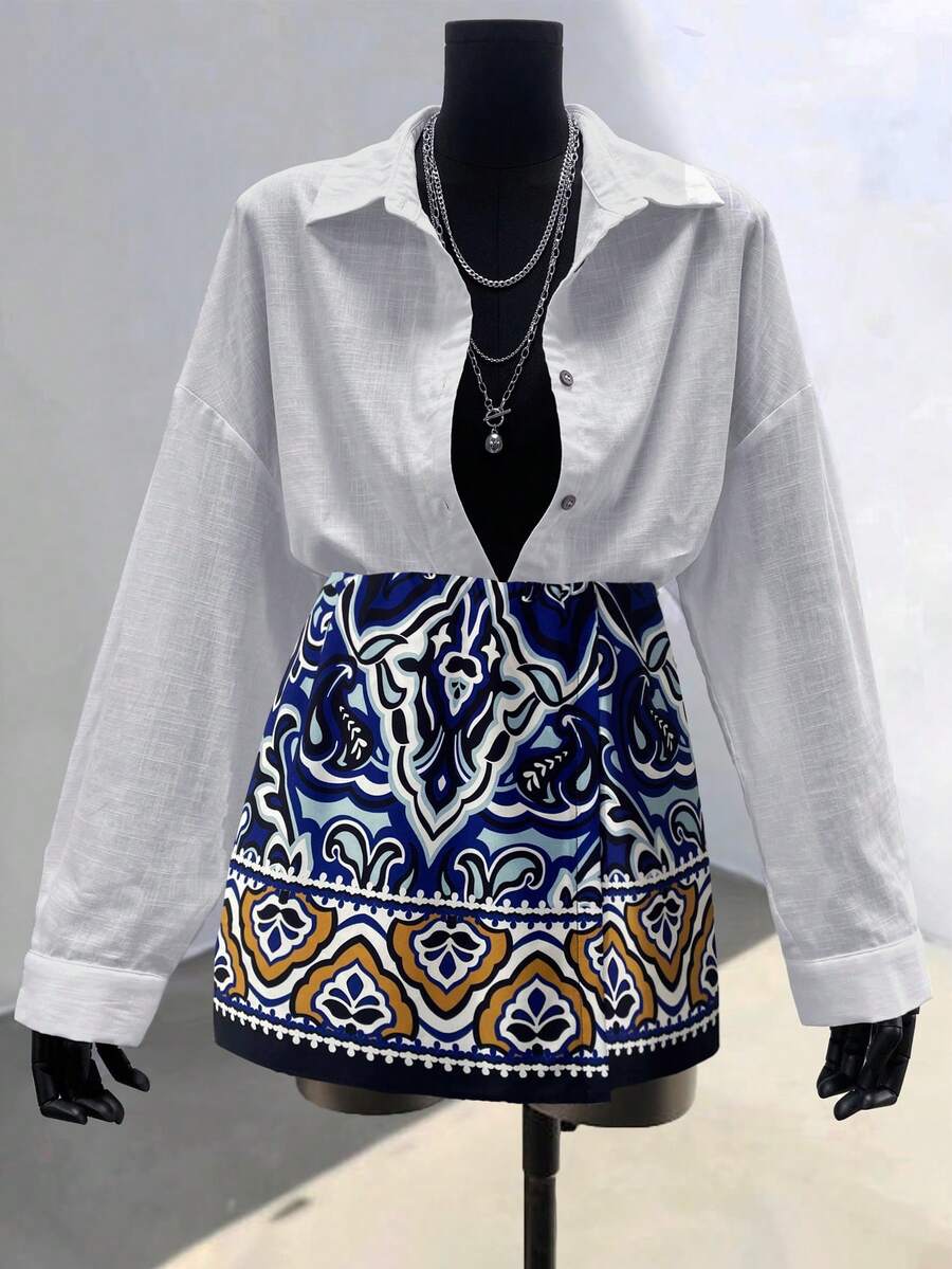 SHEIN LUNE Váy đi làm thanh lịch in họa tiết toàn thân cho nữ quấn chéo - Xanh đậm - Xem 1