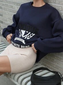 DAZY Grafik Buchstaben Muster Loose Fit Crew Neck Hoodie mit Langen Ärmeln für Frauen, Herbst Damen Kleidung Sweatshirt - marineblau - Übersicht 4