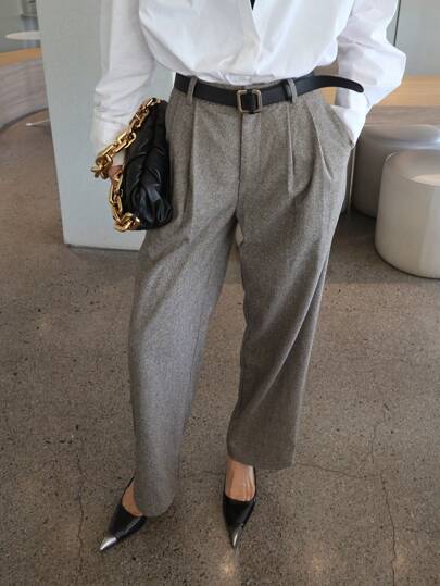 DAZY 女士休闲人字纹口袋直筒西装裤商务装