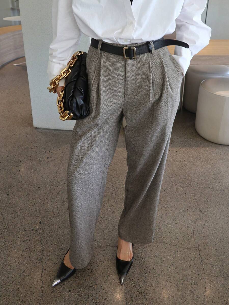 DAZY Women's Casual Herringbone Pocket Straight-Leg Suit Pants Buisness Attire - Grey - View 1