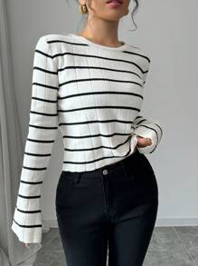 SHEIN Unity Women's Crew Neck Long Sleeve Simple Casual Striped Knit Sweater, Knit Pullover Fall Winter - Black and White - View 6