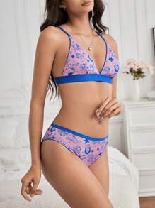 The Wizard of Oz X SHEIN 2 件女士舒适粉色和蓝色印花文胸和内裤内衣套装 - 粉色 - 查看 5