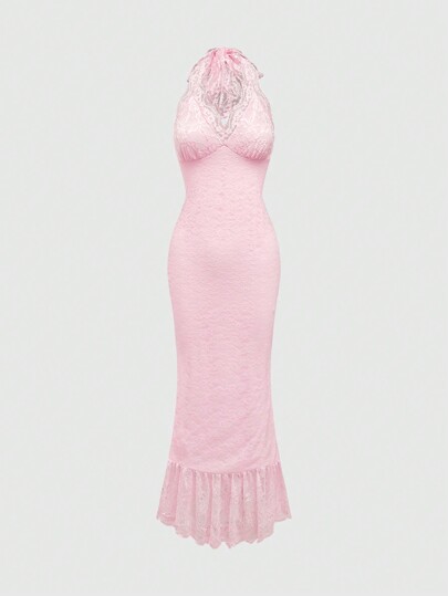 Kawaii Vintage Romantic Sweet Pink Lace Mermaid Dress For Women, For New Year