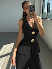 Aloruh 2 件套女士办公室正式西装套装，包括休闲通勤背心和裤子，秋冬新品 - 黑色 - 查看 7