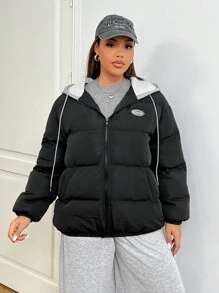 SHEIN EZwear Plus Size Women Casual Letter Decor Zipper Front Draw String Contrast Color Hooded Padded Coat, Winter