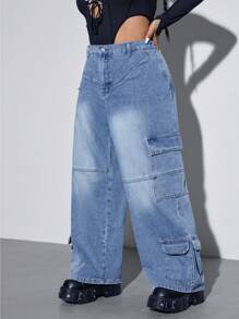 大码休闲洗水宽松直筒牛仔工装裤 - 淺色水洗藍 - 查看 1