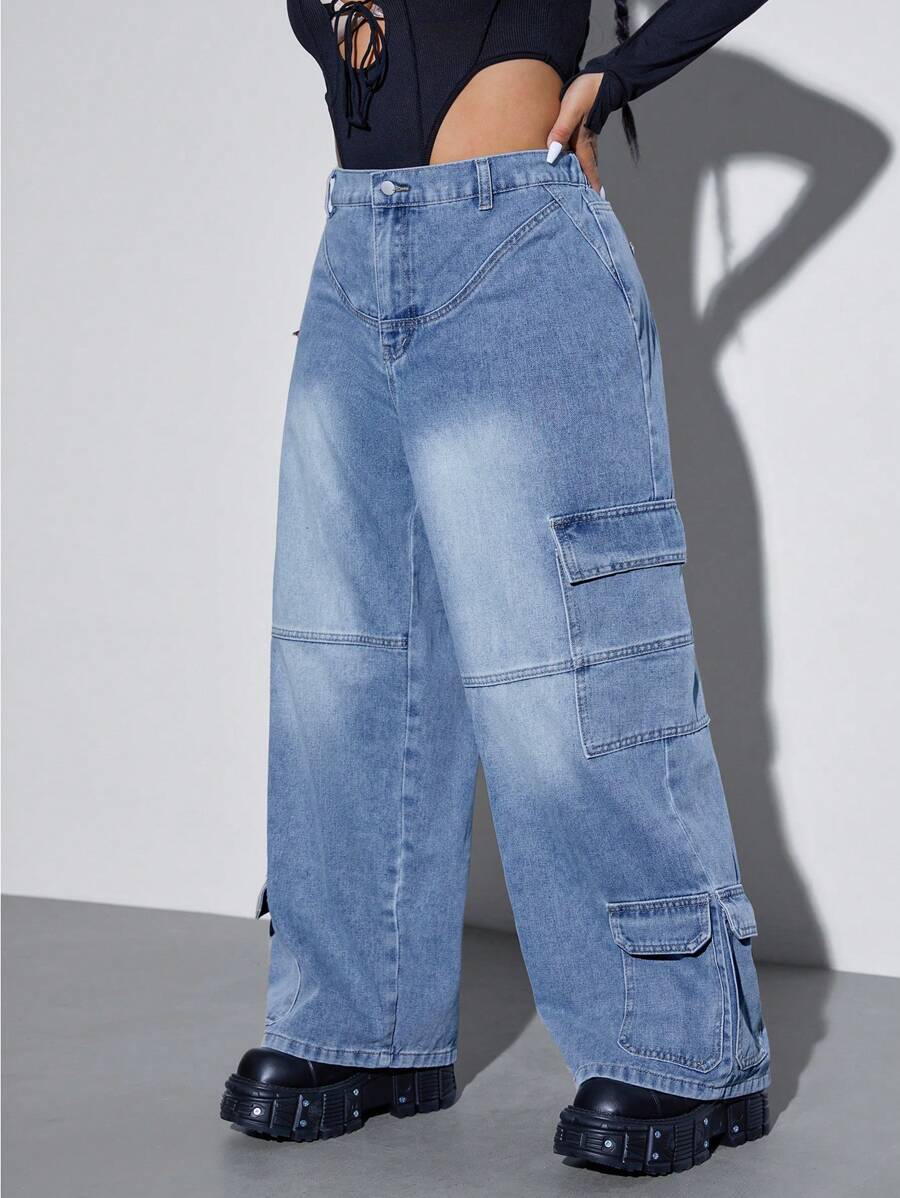 大码休闲洗水宽松直筒牛仔工装裤 - 淺色水洗藍 - 查看 1