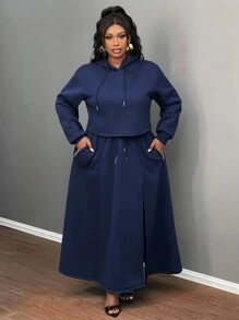 Slaydiva 2pcs Plus Size Women Sports Style Solid Color Long Sleeve Hoodie And Split Hem A-Line Skirt Set
