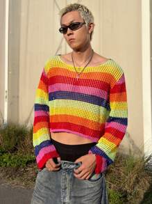Manfinity VCAY 1 件男士 Y2K 趣味休闲高街复古风格彩色短款毛衣秋季万圣节毛衣，冬季 - 彩色 - 查看 3