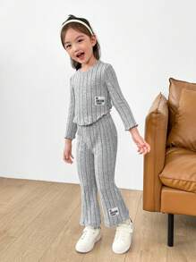 SHEIN Leap Crew Cô Gái Trẻ Dệt kim Màu thuần Vòng cổ Phù hợp Giải trí Áo Và Dệt kim Màu thuần Phù hợp Bùng nổ Quần Bộ - Xám - Xem 3