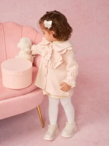 SHEIN Baby Girls' Stand Collar Bowknot Decor Long Woolen Coat For Formal Occasions In Fall And Winter - Apricot - View 6