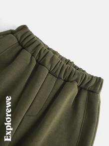 SHEIN 青少年男孩松紧腰慢跑裤、休闲运动长裤、秋季 - 軍綠色 - 查看 3