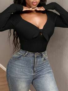 SHEIN SXY Red Rib Knit Top With Square Neckline And Tie Waist, Long Sleeve T-Shirtbasic Tees - Black - View 4