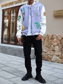 Manfinity EMRG 1pc Men's Solid Color Splicing Letter Print Front Button Casual Baseball Jacket - Multicolor - View 3