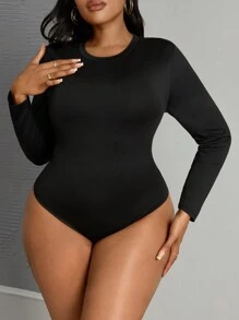 SHEIN PETITE CURVE Plus Fall Simple Solid Slim Fit Tee Bodysuit - Black - View 3
