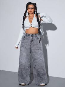 SHEIN ICON 大码女式口袋装饰宽腿宽松休闲男友风牛仔裤 - 深灰色 - 查看 3