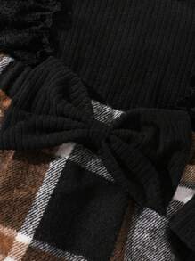 可爱甜美女婴黑色格子拼布针织长袖连体衣 + 头带，秋冬款 - 黑色 - 查看 8